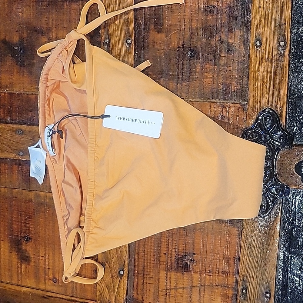 Weworewhat ruched string bikini bottom solid gold, ties on sides NWT swim Beach